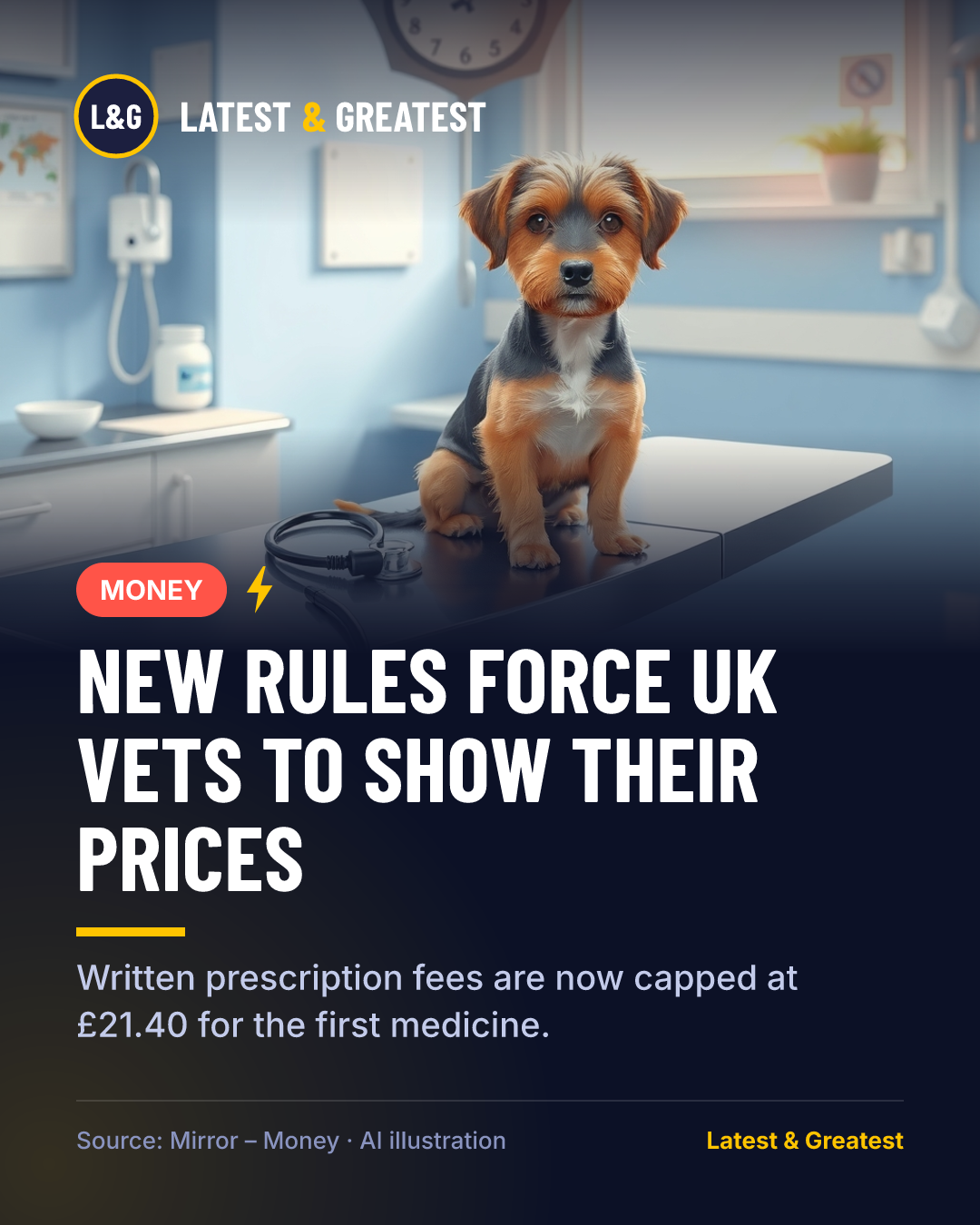 MONEY: New rules force UK vets to show their prices. Written prescription fees are now capped at £21.40 for the first medicine.