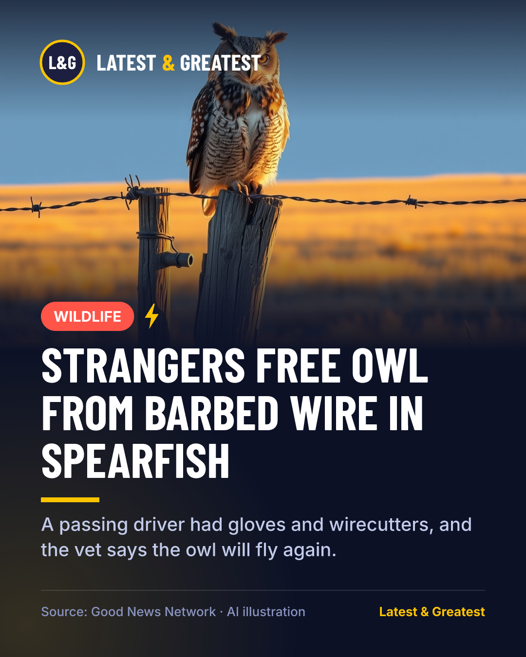 WILDLIFE: Strangers Free Owl From Barbed Wire in Spearfish. A passing driver had gloves and wirecutters, and the vet says the owl will fly again.