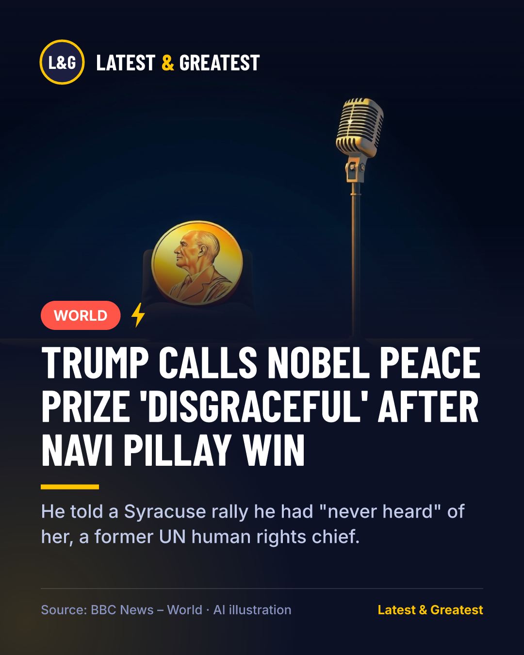 WORLD: Trump calls Nobel Peace Prize 'disgraceful' after Navi Pillay win. He told a Syracuse rally he had "never heard" of her, a former UN human rights chief.