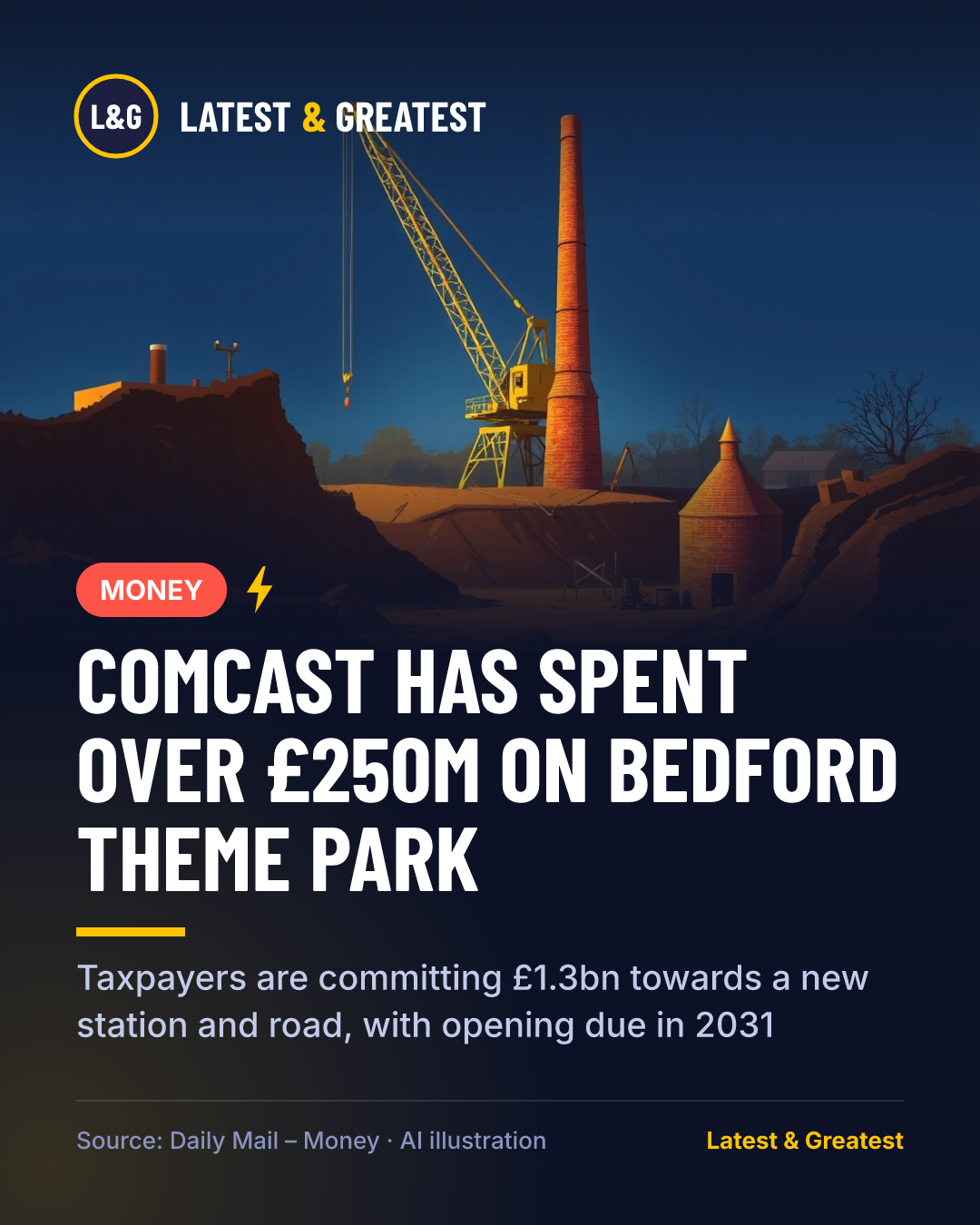 MONEY: Comcast has spent over £250m on Bedford theme park. Taxpayers are committing £1.3bn towards a new station and road, with opening due in 2031