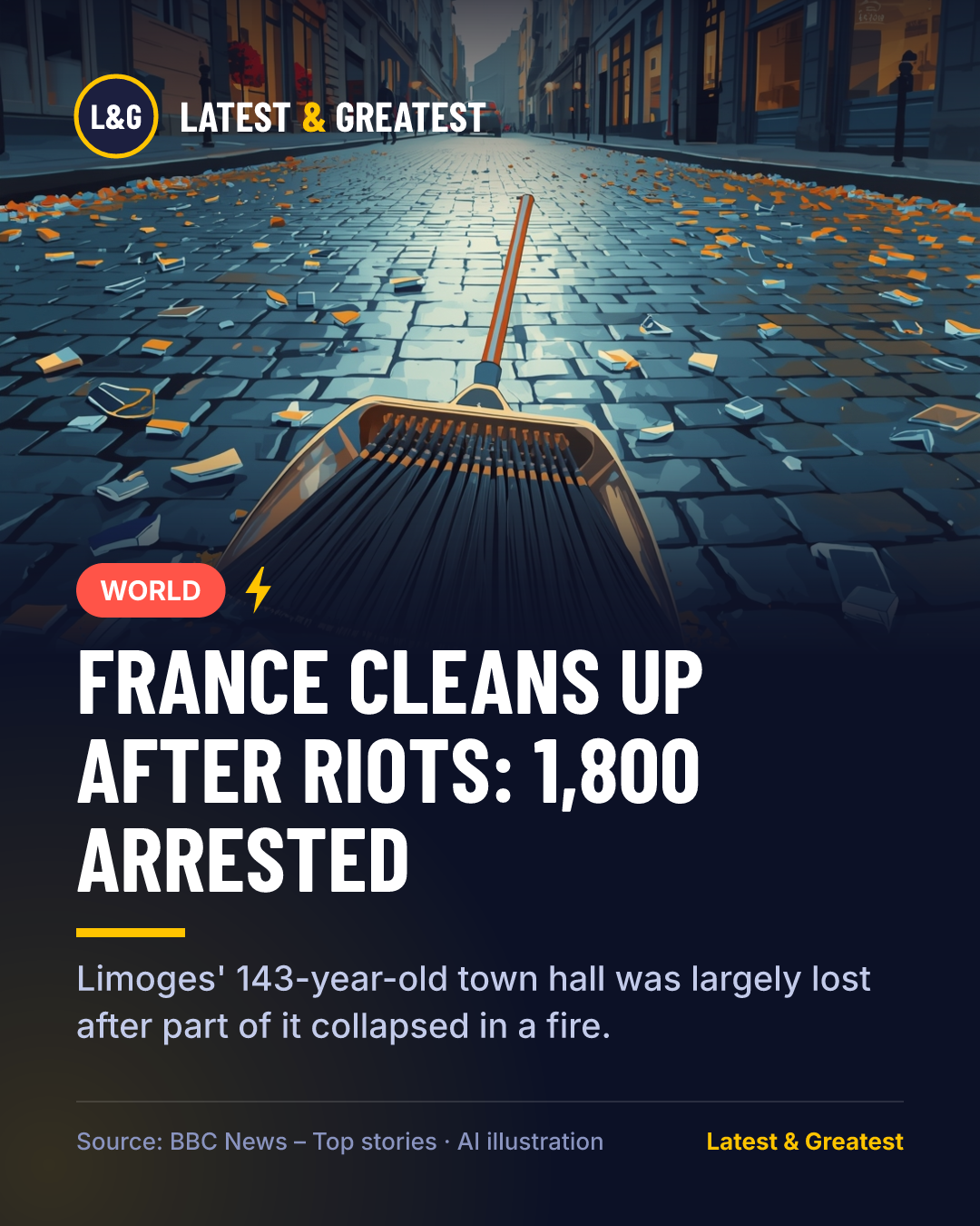 WORLD: France Cleans Up After Riots: 1,800 Arrested. Limoges' 143-year-old town hall was largely lost after part of it collapsed in a fire.