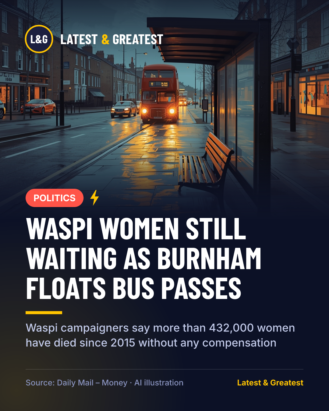 POLITICS: Waspi women still waiting as Burnham floats bus passes. Waspi campaigners say more than 432,000 women have died since 2015 without any compensation
